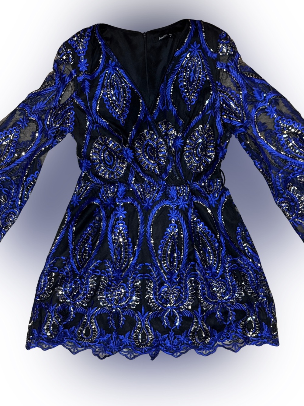 Embroidered Royal Blue & Black Mini Dress with Sequin Accents & Bell Sleeves